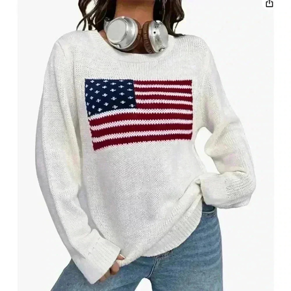 Unbranded Sweaters - Women's American Flag Loose Long Sleeve Knit Pullover Sweater Top Size XXL